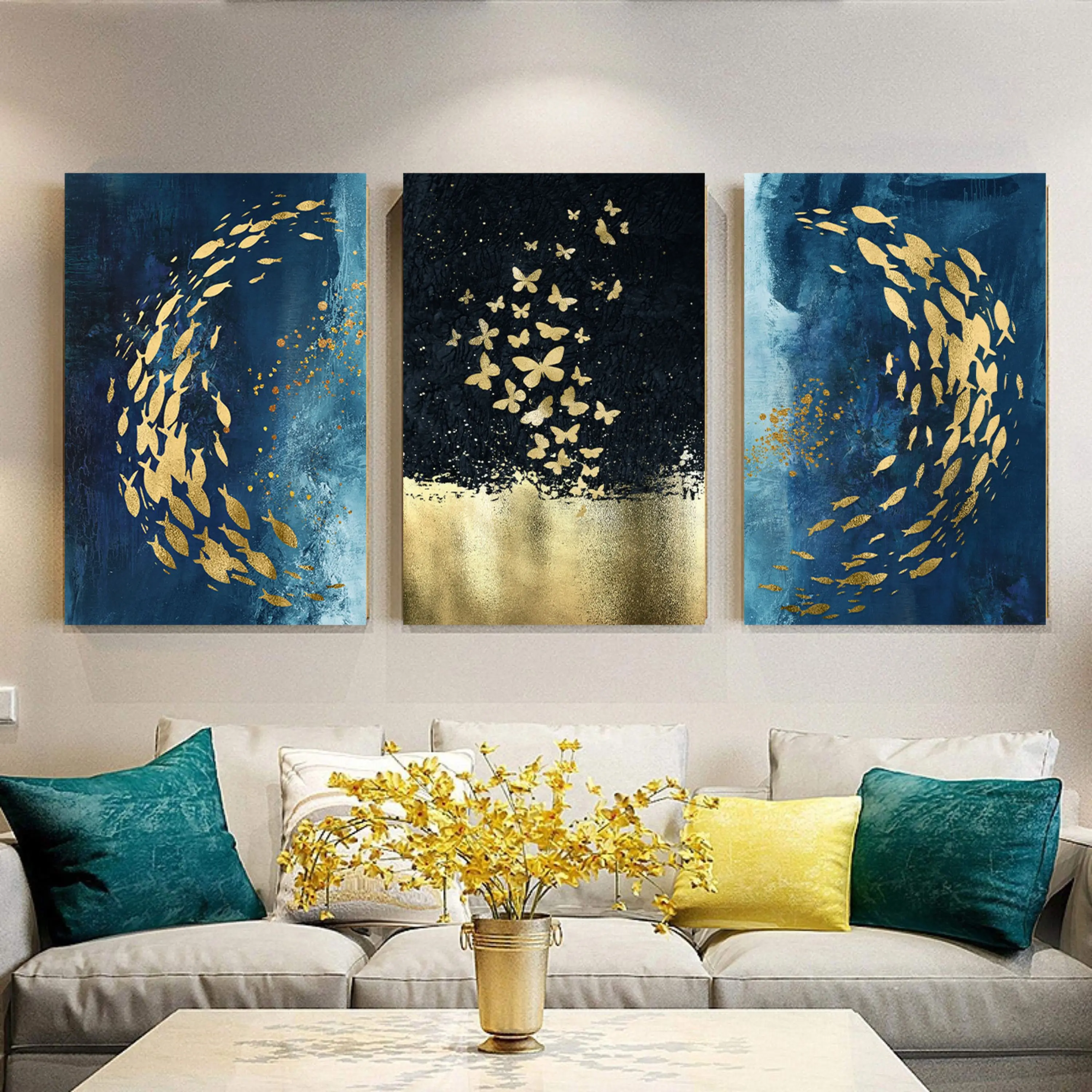 تابلو بوم طرح ماهی و پروانه مجموعه 3 عددی   کد ( 10-rosegold )